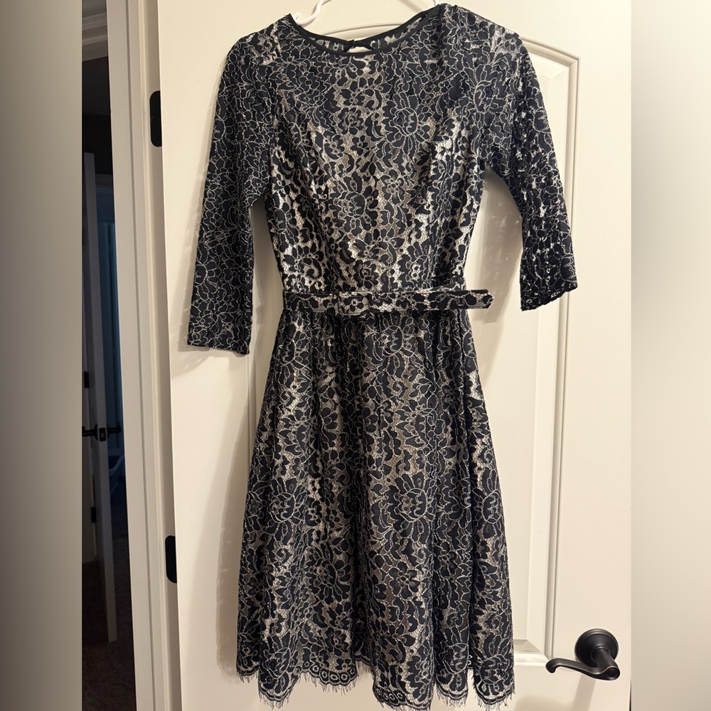 Eliza J Black  Midi Dress with Neutral Underlay and Belt